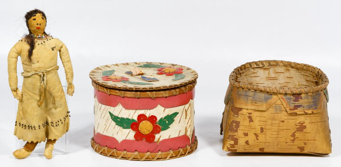 Minnesota Native American Doll and Birch Bark Baskets: Minnesota Native American Doll and Birch Bark Baskets (3) items including a buckskin leather doll with beaded facial features and horsehair wig, a white birch bark basket with painted paper applied fl
