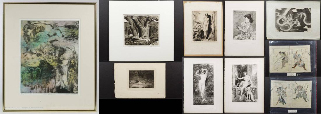 Etching and Print Assortment: Etching and Print Assortment Vera Berdich (American, 1915-2003) 'Latent Apparition' Print 1973 etching with aquatint, George Joseph Mess (American, 1898-1962) 'Garden of Eve' print, a Millet print of