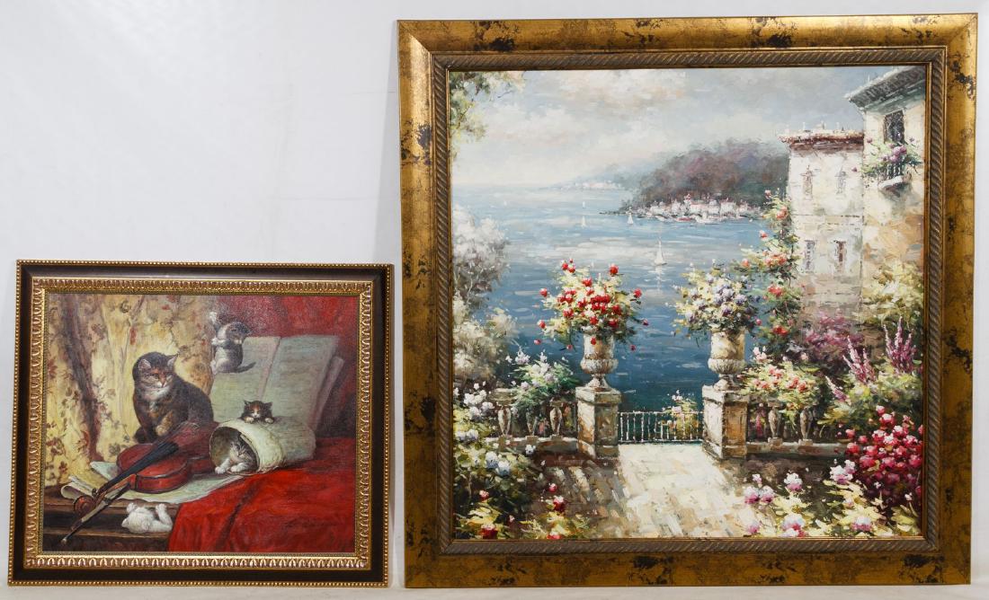Contemporary Painting Assortment: Contemporary Painting Assortment (2) items including an undated, illegibly signed lower right oil on canvas depicting cats with a violin; and an undated, unsigned oil on canvas depicting a flower fill