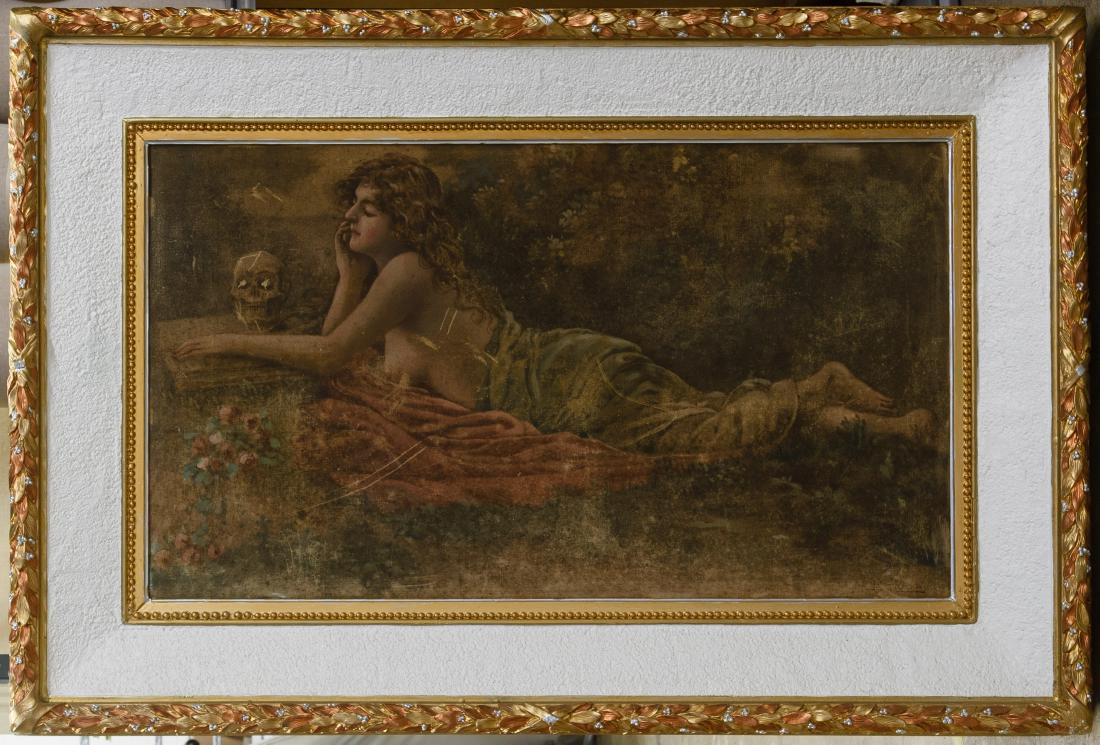 Unknown Artist (20th Century) 'Nude with Skull': Unknown Artist (20th Century) 'Nude with Skull' Enhanced Print on Canvas Undated, illegibly signed lower right, depicting a reclining female reading a book with skull holding book open, an Art Nouveau