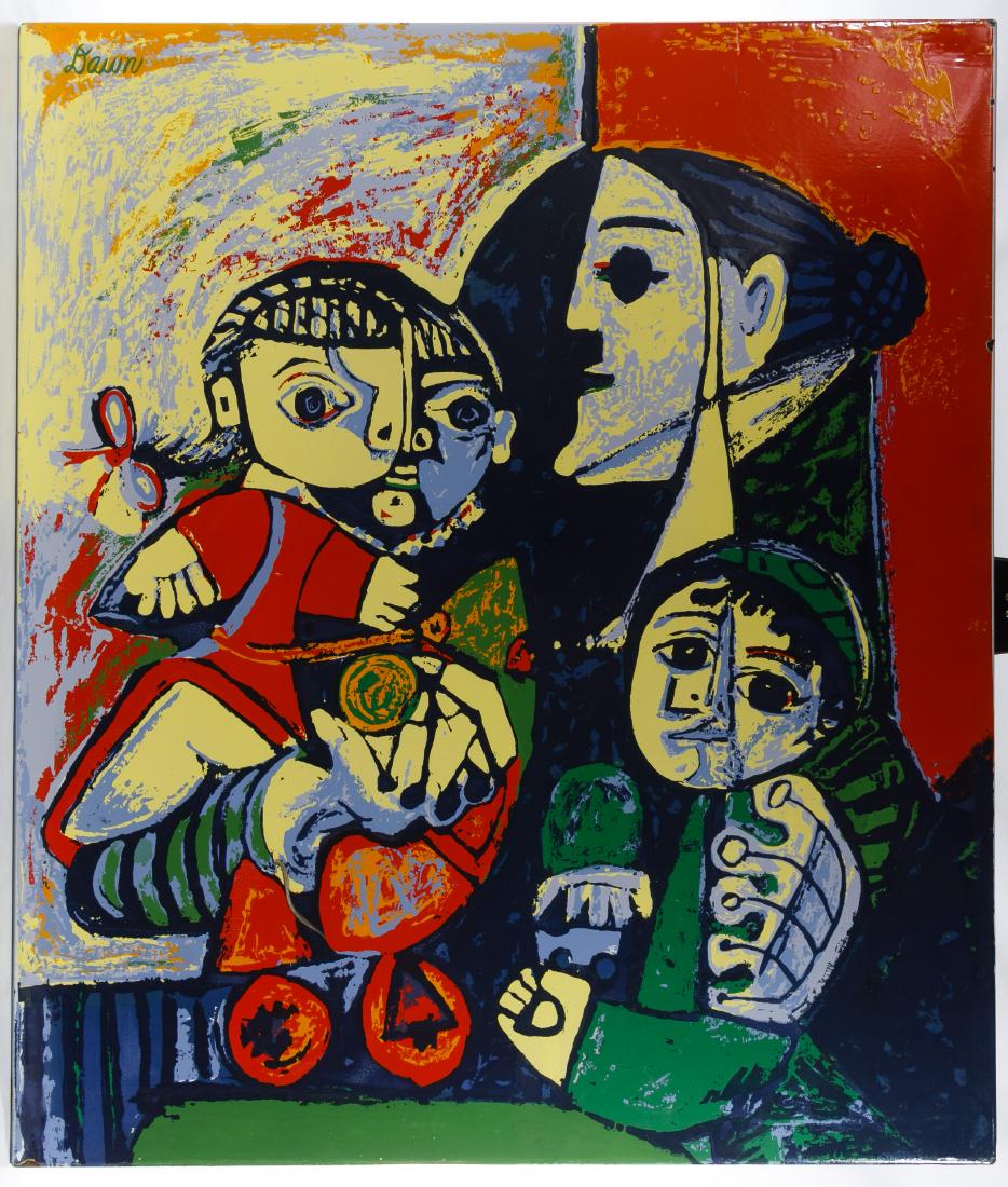 Dawn (20th Century) 'Mother and Child' Enamel on Metal: Dawn (20th Century) 'Mother and Child' Enamel on Metal Wall Sculpture Undated, signed upper right, depicting abstract faces in style of Pablo Picasso Height: 42.25 inches, Width: 36.00 inches Category
