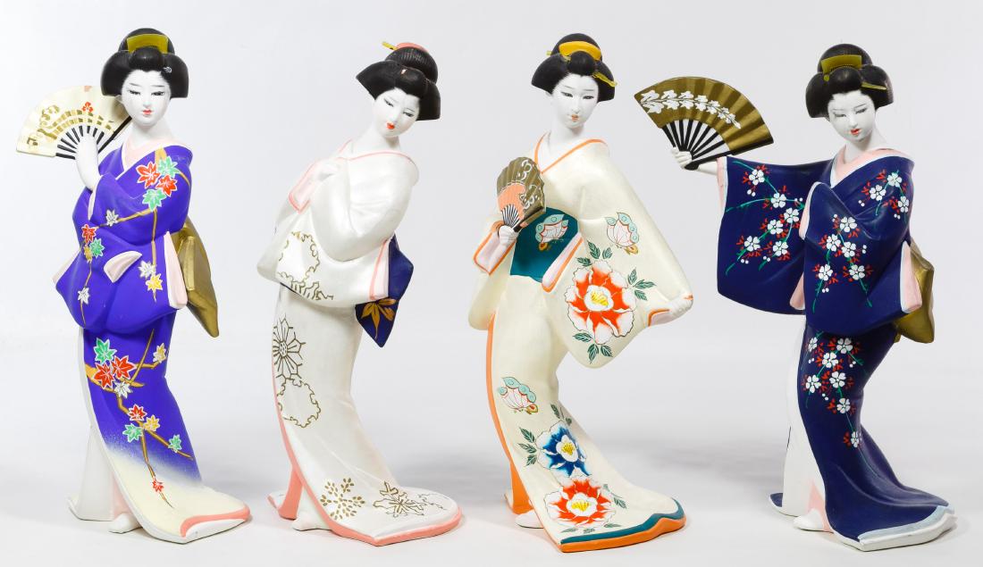 Japanese Hakata "Maidens of Shiki Ori Ori" Figurine: Japanese Hakata 'Maidens of Shiki Ori Ori' Figurine Assortment (4) painted all bisque limited edition figurines with artist marks and labels on the undersides including 'Cherry Blossom Maiden of Sprin