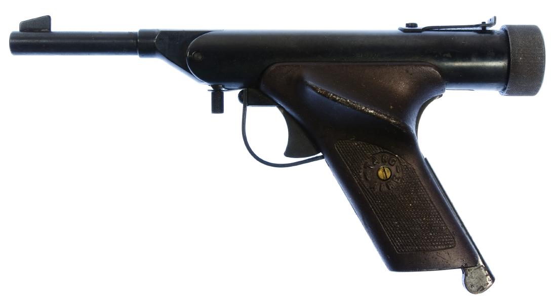 Targ-Aire 'Bullseye' Pellet Gun: Targ-Aire 'Bullseye' Pellet Gun c.1947, Ranco variation, .177 cal and with serial #0014117 Length: 10.50 inches Category: Military & Weapons > Air & Replica Guns Shipping Status: Leonard Auction, Inc.