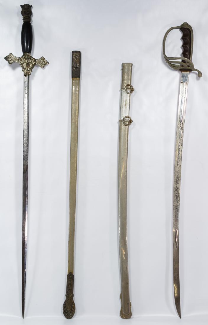 Fraternal Ceremonial Swords: Fraternal Ceremonial Swords (2) items including a Knights of Columbus ceremonial sword marked Lynch & Kelly Utica, NY with decorative sheath as well as a post Civil War, possibly GAR, ceremonial sword