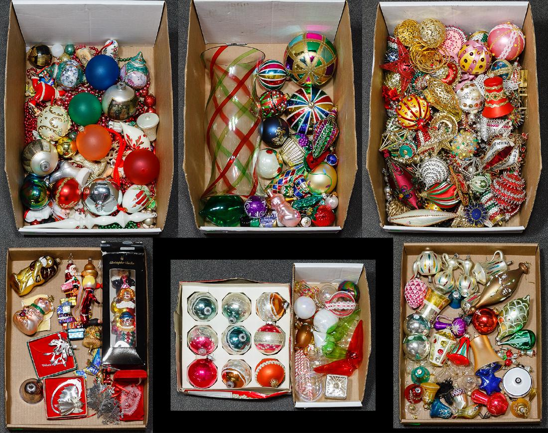 Christmas Ornament Assortment: Christmas Ornament Assortment Including vintage West German glass, a Christopher Radko clown, beaded, ceramic, Waterford crystal and (3) sterling silver ornaments Height: 10.00 inches (radko clowns) W