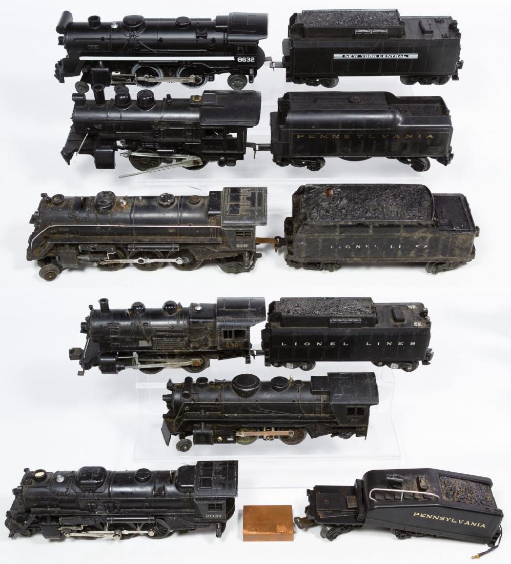 Lionel O-Scale Engine and Tender Assortment: Lionel O-Scale Engine and Tender Assortment Including engines #8506, 8632, 224E, 666, 2037 and 8500; and tenders #2466W, 4805, 8300, a Pennsylvania wind-up tender and a Lionel Lines tender Length: 10.