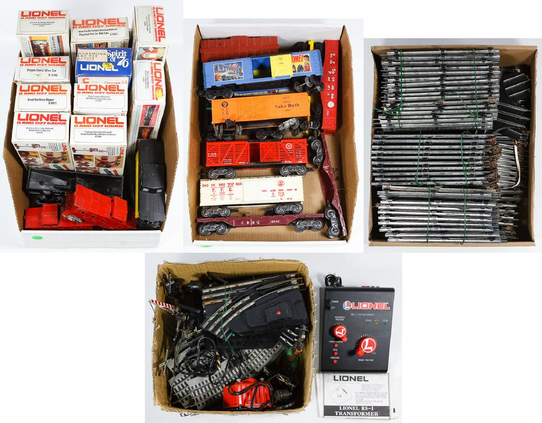 Lionel O-Scale Model Toy Train Car, Track and Signal: Lionel O-Scale Model Toy Train Car, Track and Signal Assortment Boxed and loose Lionel train cars including Union Pacific car #6-9419, Major League Baseball car #6-9625, the Spirit of '76 North Caroli