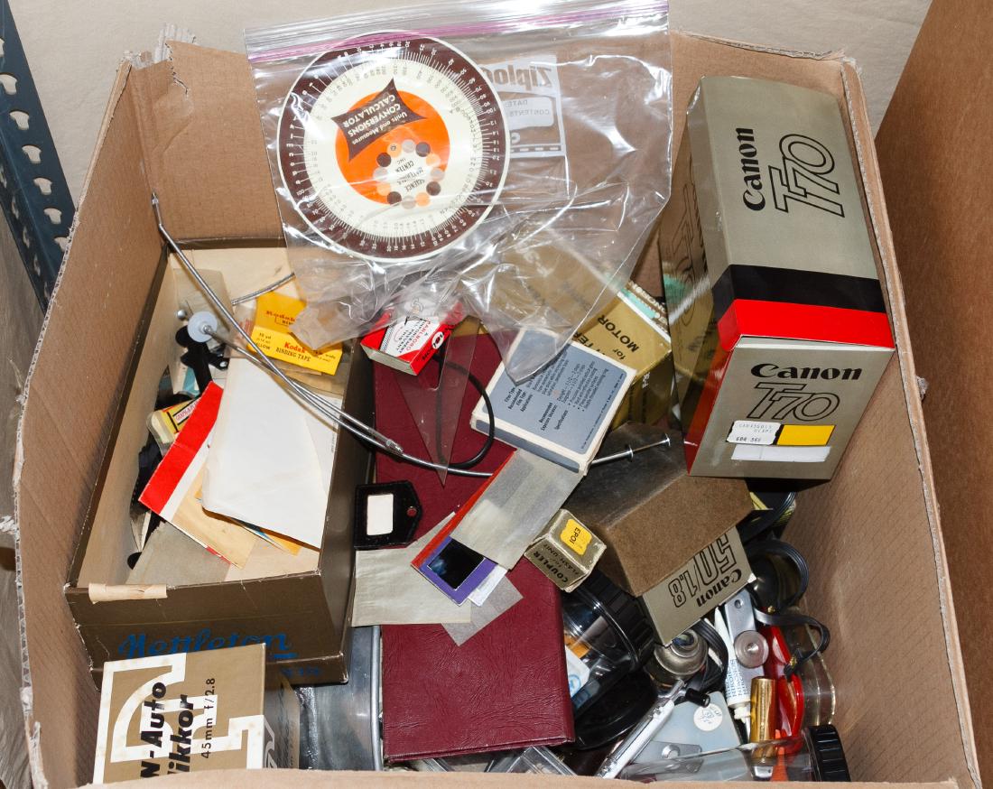 Camera Accessory Assortment: Camera Accessory Assortment Including cases, caps, boxes, instruction booklets, dark room equipment and parts Width: 13.00 inches (case) Category: Cameras & Instruments > Cameras Shipping Status: Leon