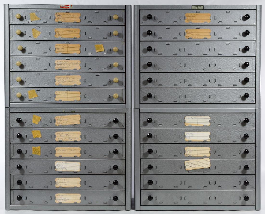 Busch Verascope Slides in Brumberger Cabinets: Busch Verascope Slides in Brumberger Cabinets Including four 6-drawer Brumberger metal table top cabinets filled with (608) 1950s era Bush Verascope and L&N Stereo slides of vacation travels to Europe