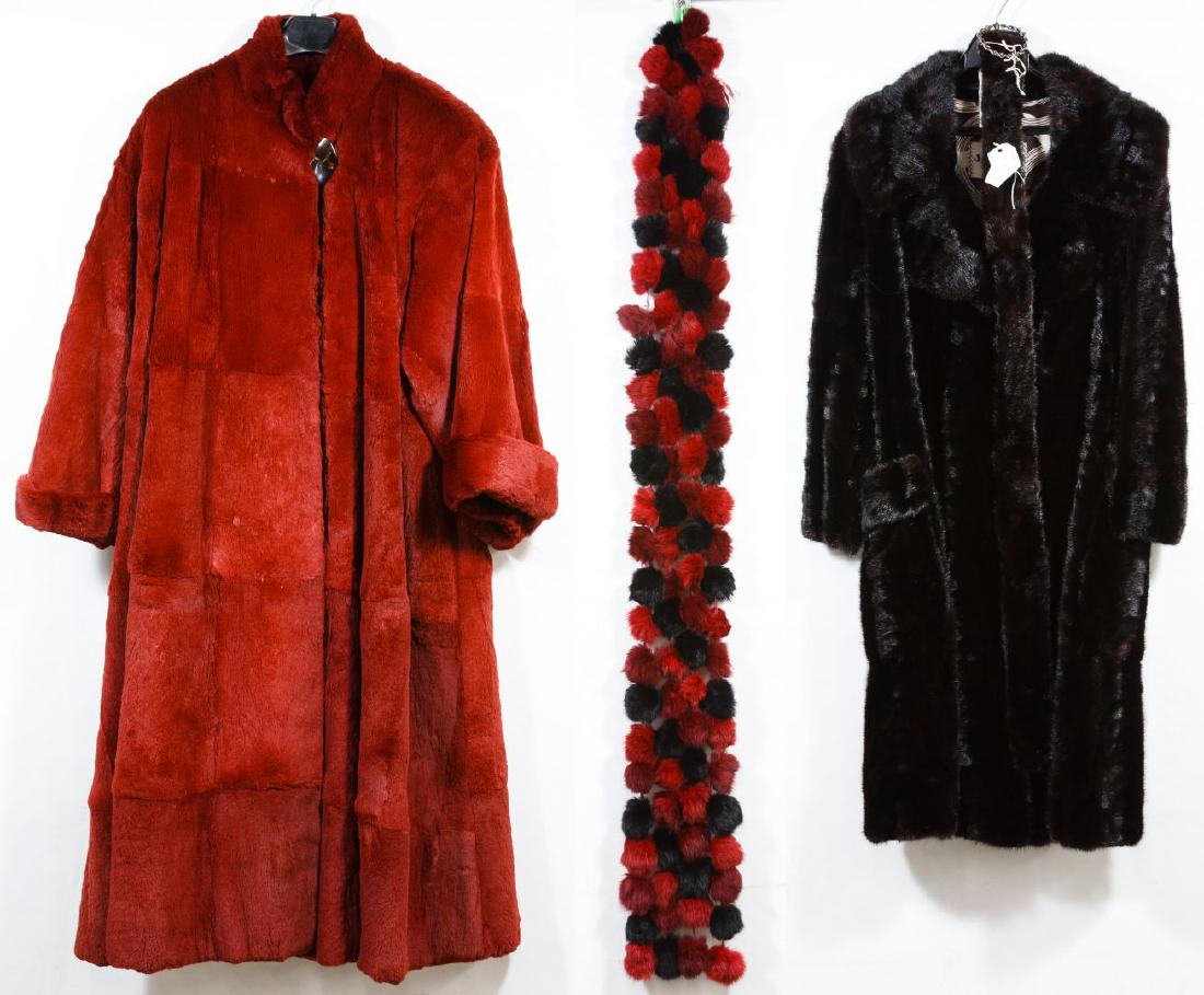 Mink Fur Mod Style Coat by Joseph Poppie: Mink Fur Mod Style Coat by Joseph Poppie Having a printed circle motif lining, knotched collar, separate fur belt with silver tone buckle and front cuffed pockets; together with a red dyed rabbit fur 