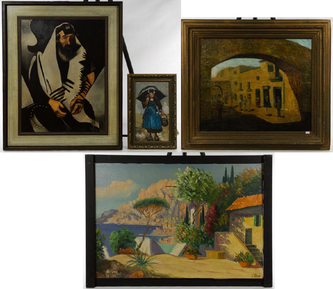 Signed Oil Painting Assortment: Signed Oil Painting Assortment (4) items including a C M Bell (late 19th century) oil on canvas depicting a streetscape through an arch; a Balla (20th Century) oil on board depicting a female with umb
