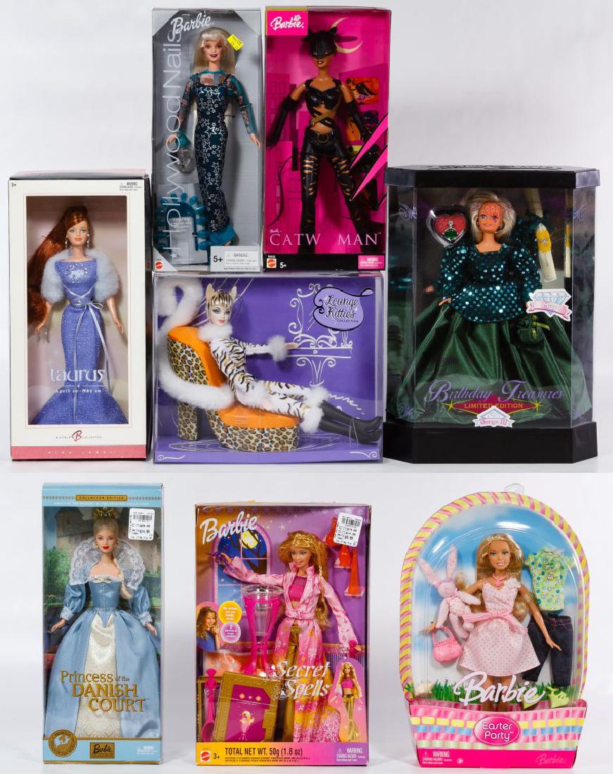 Mattel Barbie Doll Assortment: Mattel Barbie Doll Assortment (8) dolls in original boxes including a 2002 'Princess of the Danish Court,' a 2004 'Catwoman,' a 2000 'Hollywood Nails,' a 2004 'Taurus,' a 2006 'Easter Party,' a 2003 S