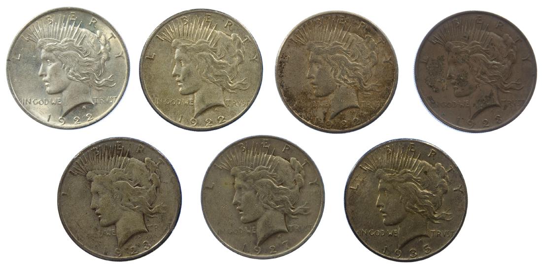 Peace $1 Assortment: Peace $1 Assortment (7) coins including 1922, (2) 1922-S, (2) 1923, 1927-D, 1935 Category: Dollars > Peace Dollar Mixed Lots Shipping Status: Leonard Auction, Inc. will provide direct shipping for thi