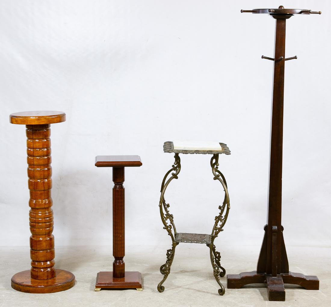 Plant Stand and Coat Rack Assortment: Plant Stand and Coat Rack Assortment Three plant stands including a mahogany fluted column, an oak turned column and a brass and marble as well as a coat rack having a square post and round top with a