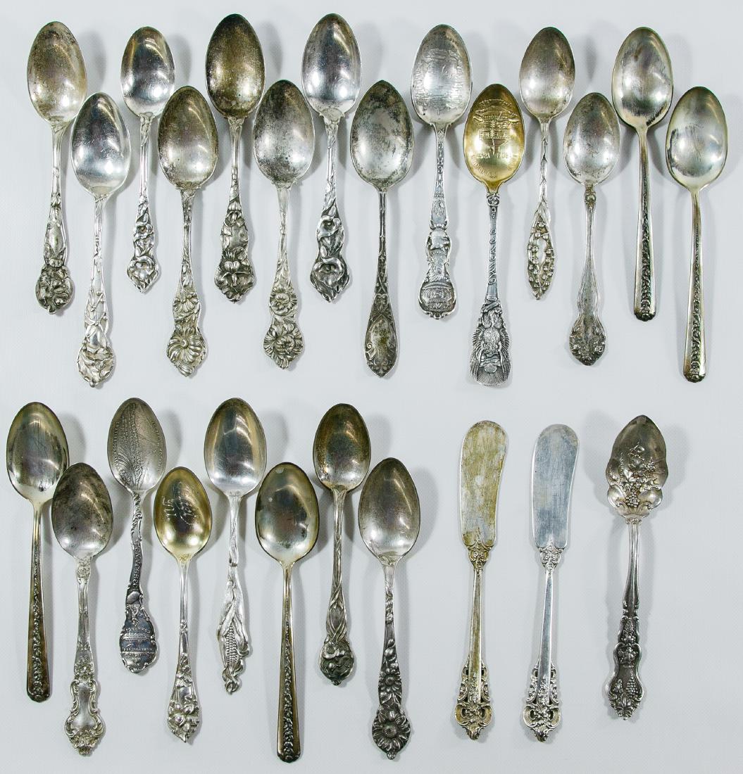 Sterling Silver Flatware Assortment: Sterling Silver Flatware Assortment Including (22) spoons with examples of Watson, Towle and souvenir as well as (2) butter knives in the Wallace 'Grande Baroque' pattern; all marked 'sterling' or '92