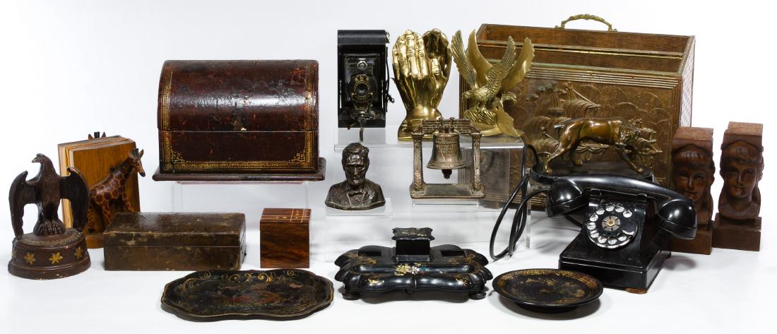 Decorative Object Assortment: Decorative Object Assortment Twenty-one items including book ends, desk accessories, camera, phone, wood boxes and magazine holder Height: 11.75 inches, Width: 15.00 inches, Depth: 5.50 inches (talles