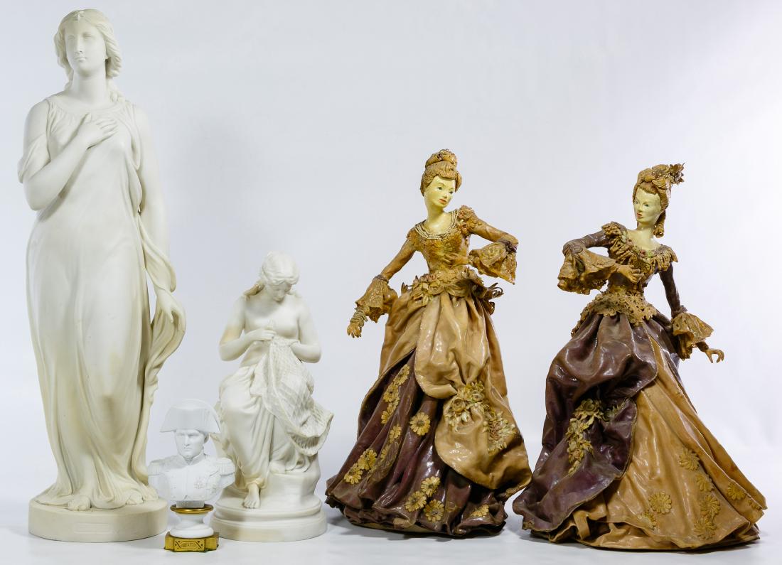 (After) Edgar Papwoth (United Kingdom, 1809-1866): (After) Edgar Papwoth (United Kingdom, 1809-1866) 'Beatrice' Plaster Statue Produced by Copeland Parian, marked on back edge; together with two Kathi Urbach papier mache female figures, porcelain Napo
