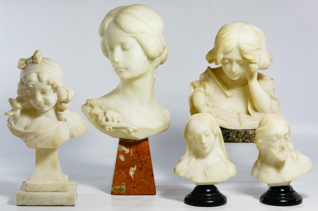 Marble Statue Assortment: Marble Statue Assortment (5) marble busts including an unmarked female with head turned, a G. Cipriani Italy marked young female with bird on shoulder, a G. Bessi marked bust of a child reading a book