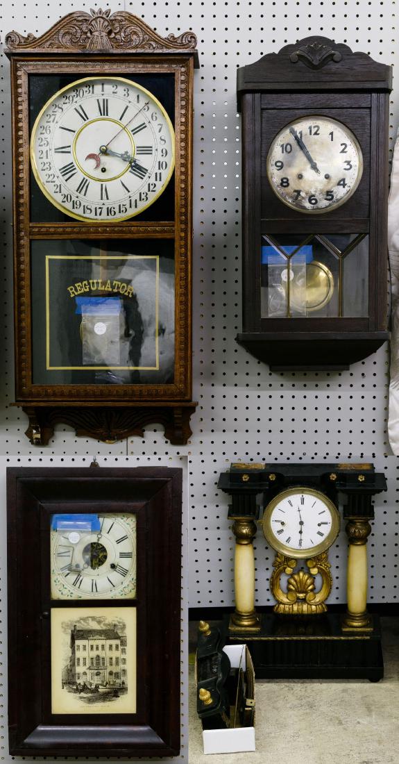 Wall and Mantel Clock Assortment: Wall and Mantel Clock Assortment Four clocks including an oak cased Gilbert regulator clock with key and pendulum, an unmarked metal face wall clock with key and pendulum, a Seth Thomas mahogany clock
