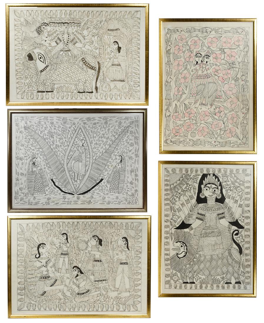 Hindu Madhubani Style Pen and Ink Drawing Assortment: Hindu Madhubani Style Pen and Ink Drawing Assortment (5) framed Madhubani style images including one entitled 'Rama Crossing River Having Feet Washed' Height: 20.75 inches, Width: 29.50 inches Frame S