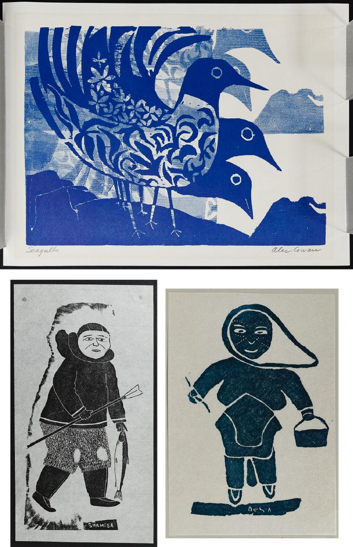 Povungnituk Eskimo Stonecut Prints: Povungnituk Eskimo Stonecut Prints (2) prints including a 1962 'Spear Fisherman' by Shamisa and a 'Woman' by Elisapi Sirpalu; made in Canada; together with a Alec Cowan woodcut titled 'Seagulls' Heigh