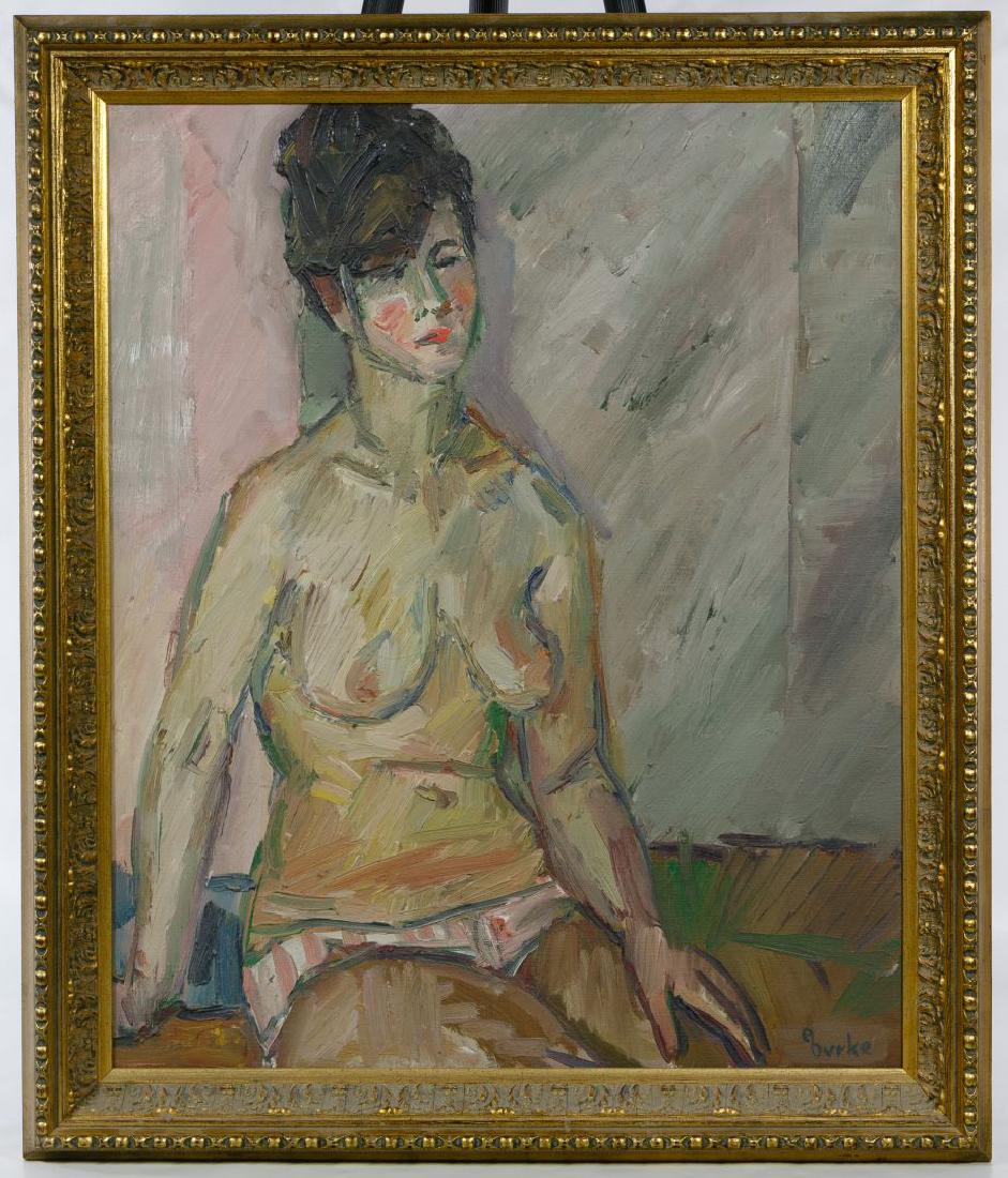 Burke (20th Century) Oil on Canvas: Burke (20th Century) Oil on Canvas 1963, signed lower right, depicting a nude female; attached Jacques Baruch Gallery label en verso Height: 23.50 inches, Width: 19.00 inches (sight) Frame Size: 27.75