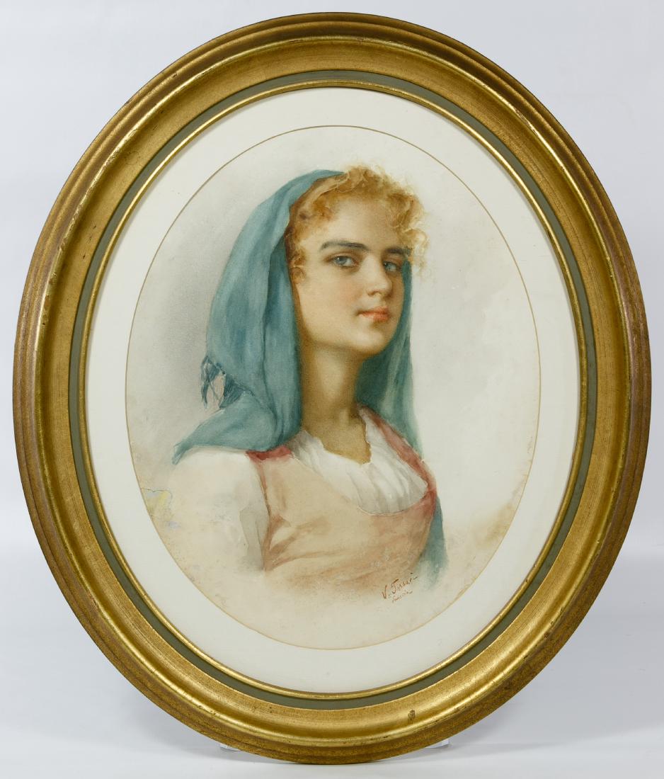 Vittorio Tessari (American, 1860-1940) Watercolor on: Vittorio Tessari (American, 1860-1940) Watercolor on Paper Undated, signed lower right, depicting a female Height: 14.00 inches, Width: 11.00 inches (image by sight) Frame Size: 20.50 inches by 17.50 