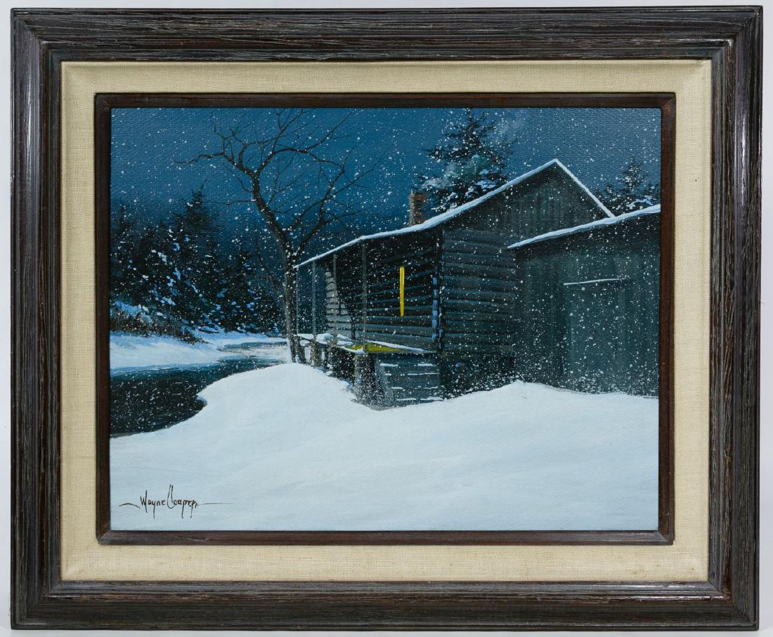 Wayne Cooper (American, b.1942) Oil on Panel: Wayne Cooper (American, b.1942) Oil on Panel Undated, signed lower left, depicting a log cabin in winter Height: 14.00 inches, Width: 18.00 inches (board) Frame Size: 19.75 inches by 23.75 inches Cate