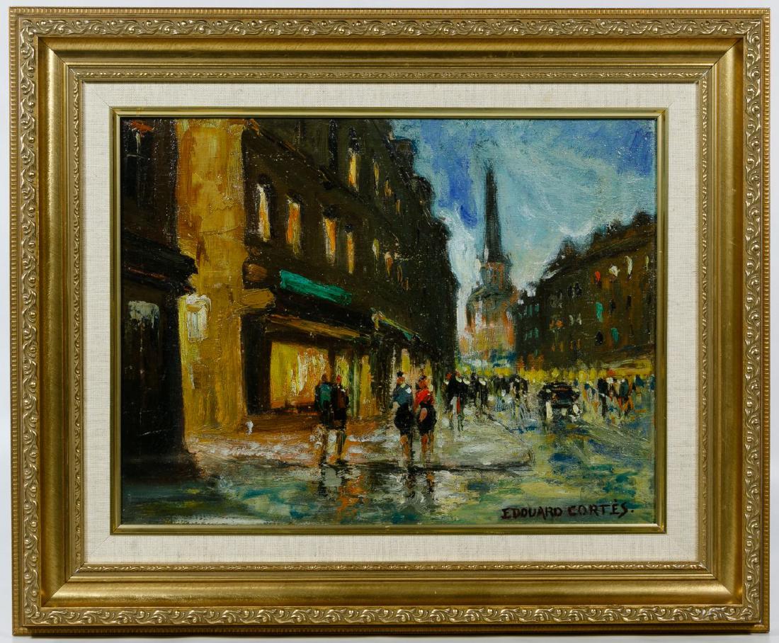 (After) Edouard Cortes (French, 1882-1969) Oil on: (After) Edouard Cortes (French, 1882-1969) Oil on Canvas Undated, signed lower right, depicting a Paris street scene Height: 12.00 inches, Width: 15.50 inches (canvas) Frame Size: 17.50 inches by 21.0