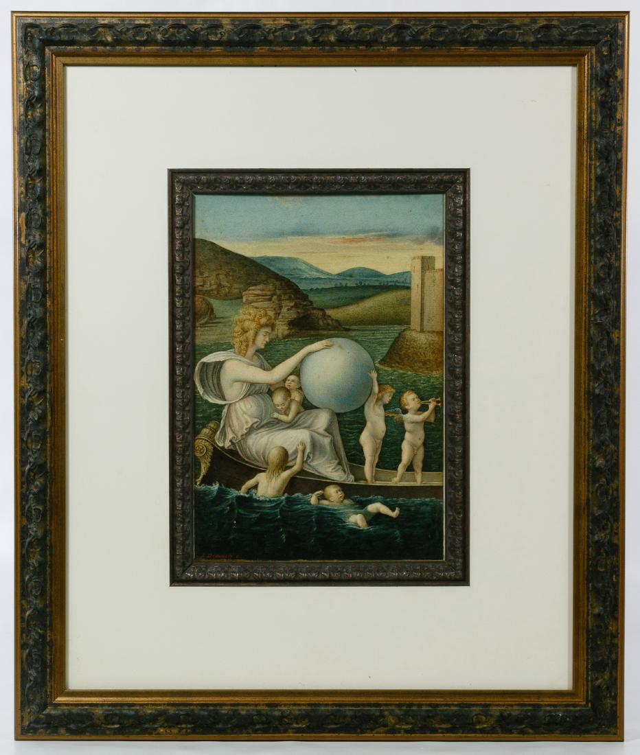 L. T. Desiderj (Italian, 19th century) Watercolor: L. T. Desiderj (Italian, 19th century) Watercolor 20th Century, signed L.T. Desiderj lower left, depicting a copy of the Giovanni Bellini (Italian, 1430-1516) painting 'Allegory of Fortune'; including