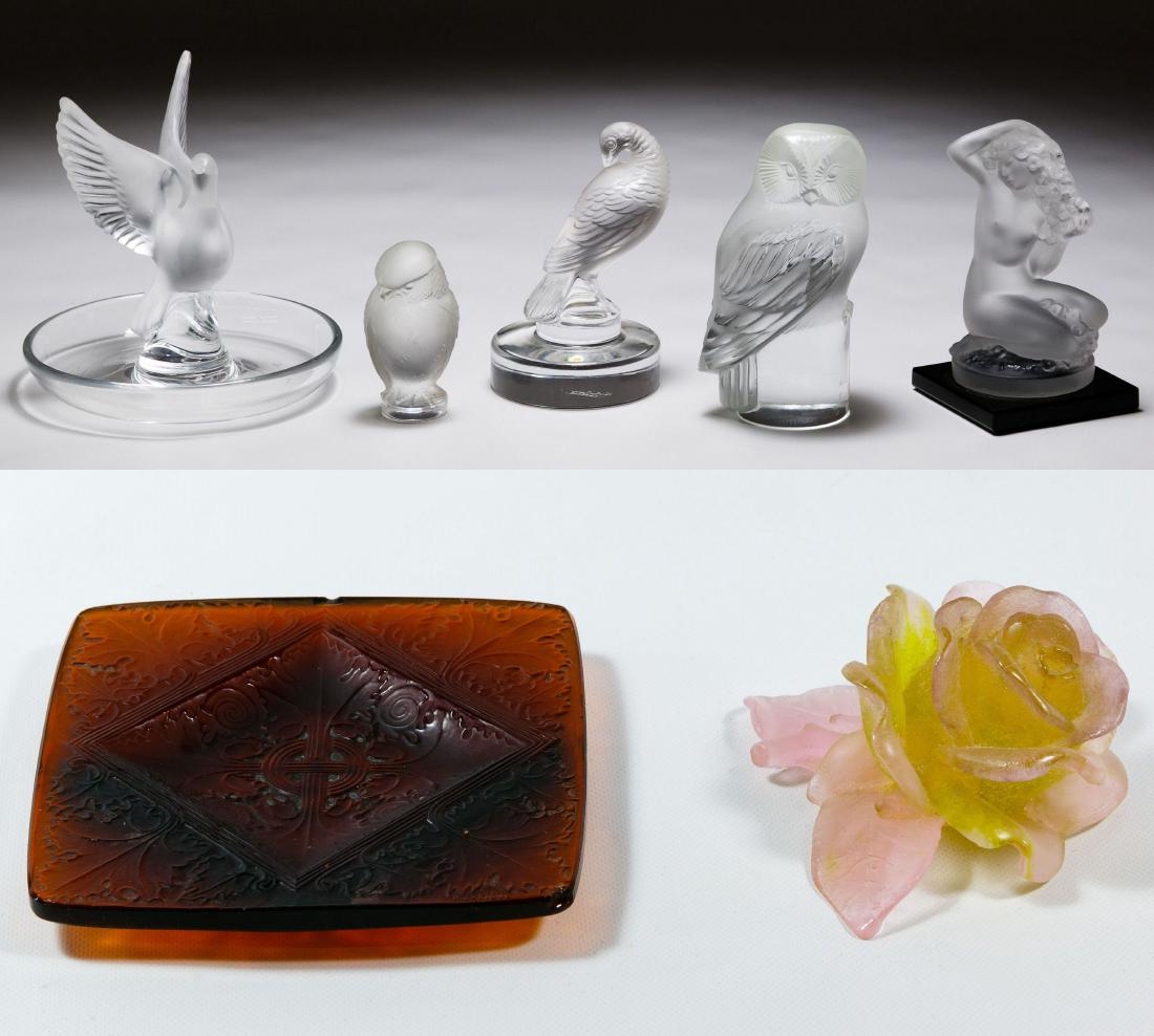 Lalique Crystal Assortment: Lalique Crystal Assortment Six items including a 'Floreal' figurine with box, bird ring holder, amber color ash tray and three bird paperweights; all having etched signature; together with a Daum crys