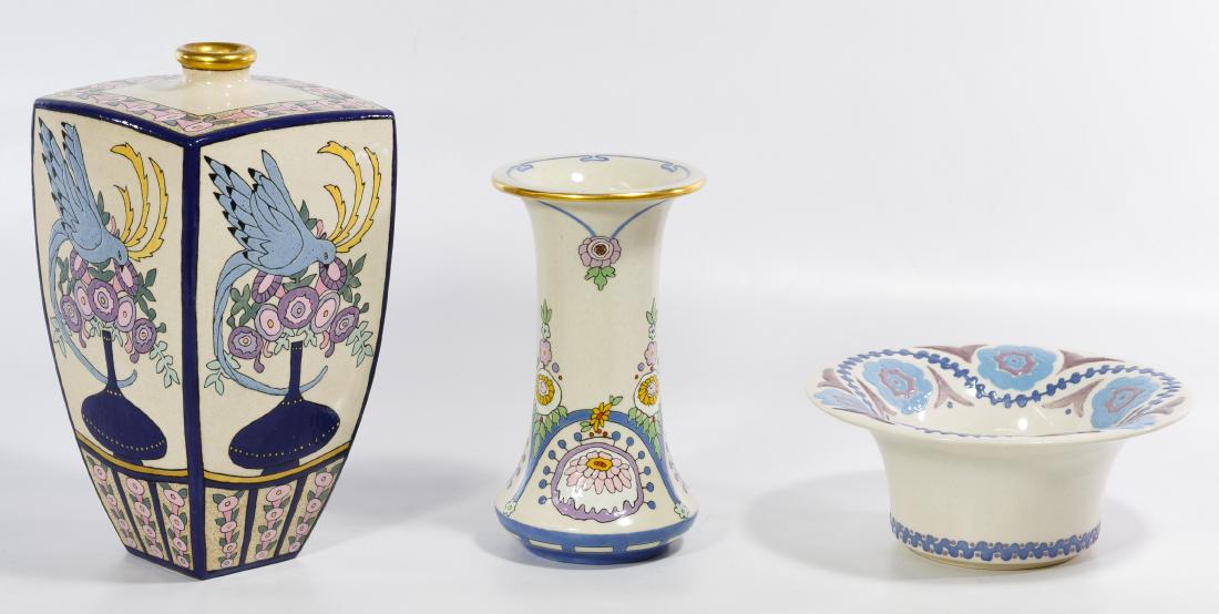 American Satsuma Ceramic Assortment: American Satsuma Ceramic Assortment Three early 20th century pieces including a vase marked 'Furvay' on the underside, a bottle marked 'Anita Owens 3/29/17' on the underside and bowl marked 'Claudia V