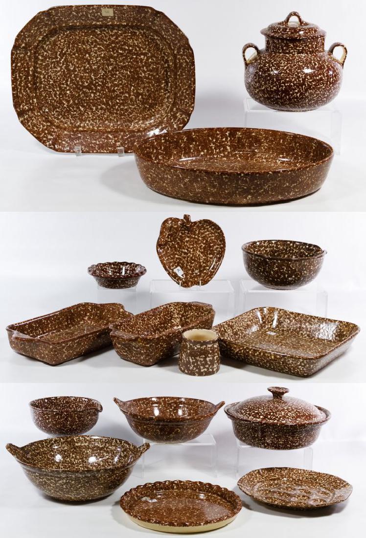 Los Angeles Potteries Spongeware Assortment: Los Angeles Potteries Spongeware Assortment (16) items with brown spongeware style decoration including a large rectangular platter marked 'Design Craft' on the underside and an oval casserole marked 