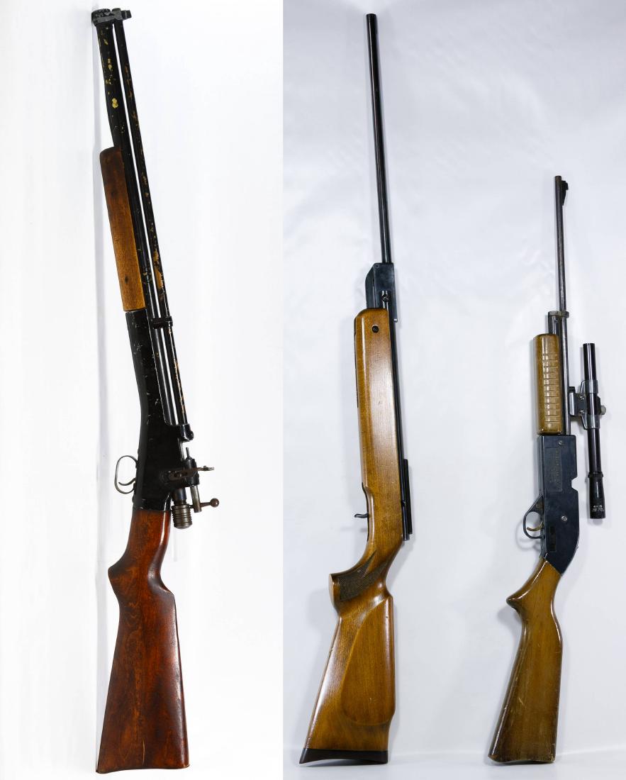 Crosman 101 Air Rifle: Crosman 101 Air Rifle Serial #13377, embossed maker mark on the side; together with a Crosman Arms power Master 760 BB gun, size 177, a 4 x 15 scope and wood stock and a Marksman Mod 70 air rifle Leng