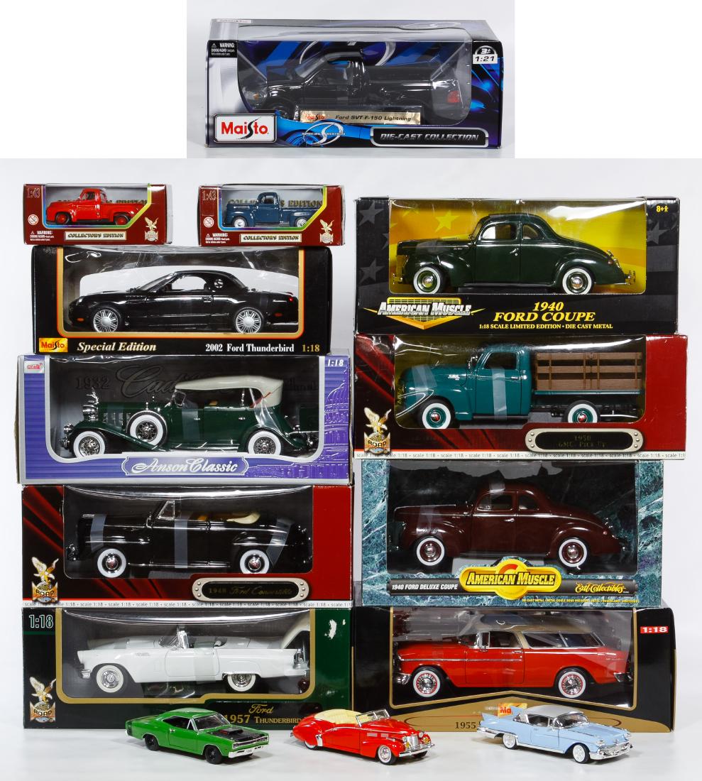 Die Cast Toy Model Car Assortment: Die Cast Toy Model Car Assortment Fourteen cars including 1:18 1955 Chevrolet by Maisto with box, 1:18 1957 Ford Thunderbird by Yat Ming with box, 1:18 1940 Ford Coupe by Ertl with box, 1:18 2002 Ford