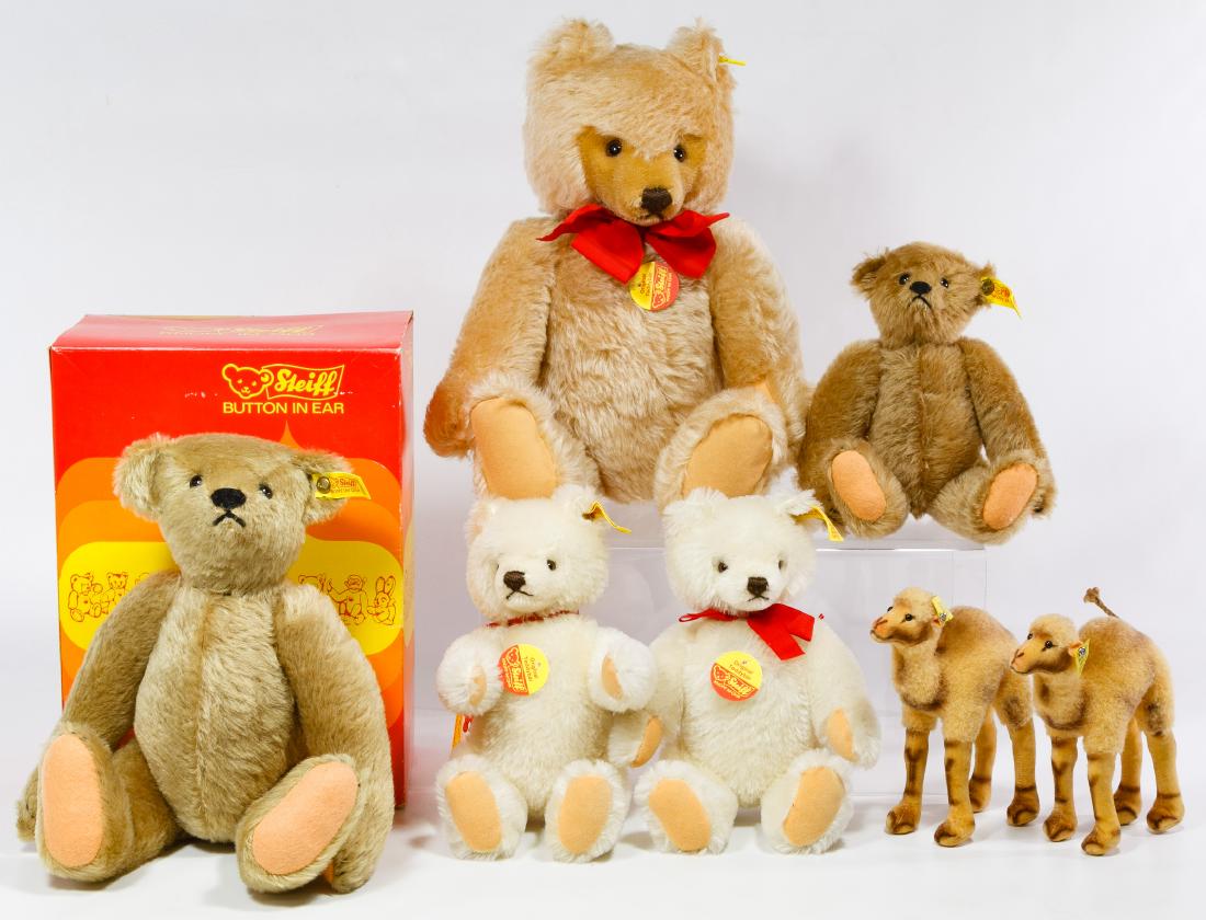 Steiff, Teddy Bear and Plush Animal Assortment: Steiff, Teddy Bear and Plush Animal Assortment Including Steiff bears and camels, a 1978 Ideal Original Teddy Bear, a brown cloth bear in a lumberjack outfit, a 1979 Woods and Woods Colonel Teddy Bear