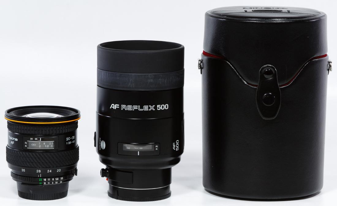 Minolta AF Reflex 500 Lens with Case: Minolta AF Reflex 500 Lens with Case Serial #22224828; together with a Tokina 20-35mm lens serial #4906016 and a Nikon F60 camera with a 75-240mm Nikkor lens Height: 7.25 inches (case) Category: Camer