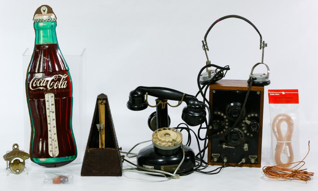 Crystal Radio and French Telephone Assortment: Crystal Radio and French Telephone Assortment Including a crystal radio with an Auth head set and a 1927 French model 321-1 phone ; together with a metronome, a painted tin Coca Cola wall thermometer 