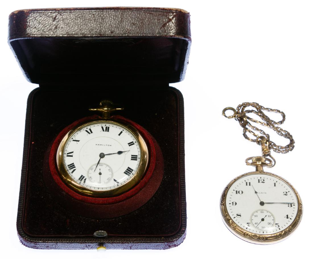Elgin and Hamilton Gold Filled Open Face Pocket Watches: Elgin and Hamilton Gold Filled Open Face Pocket Watches Two watches including an Elgin serial #22992331 dating to 1920, 7-jewel, grade 303, model 3, class 114 as well as a Hamilton '956' serial #11373