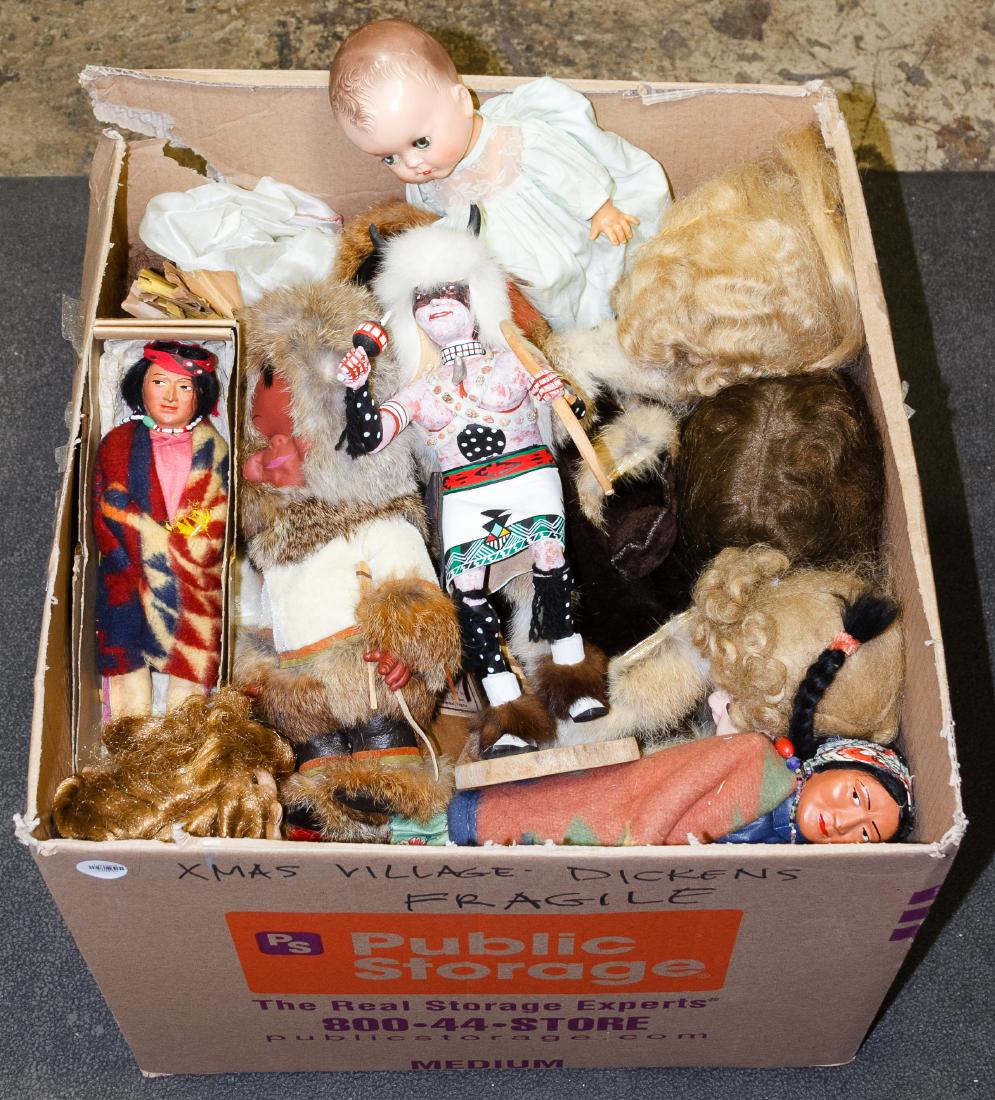 Celluloid, Wood, Hard Plastic and Skookum Doll: Celluloid, Wood, Hard Plastic and Skookum Doll Assortment (38) dolls including two composition Skookum dolls, an unsigned Kachina, vinyl Eskimo dolls; dolls made by Ideal, American Character and Vogue