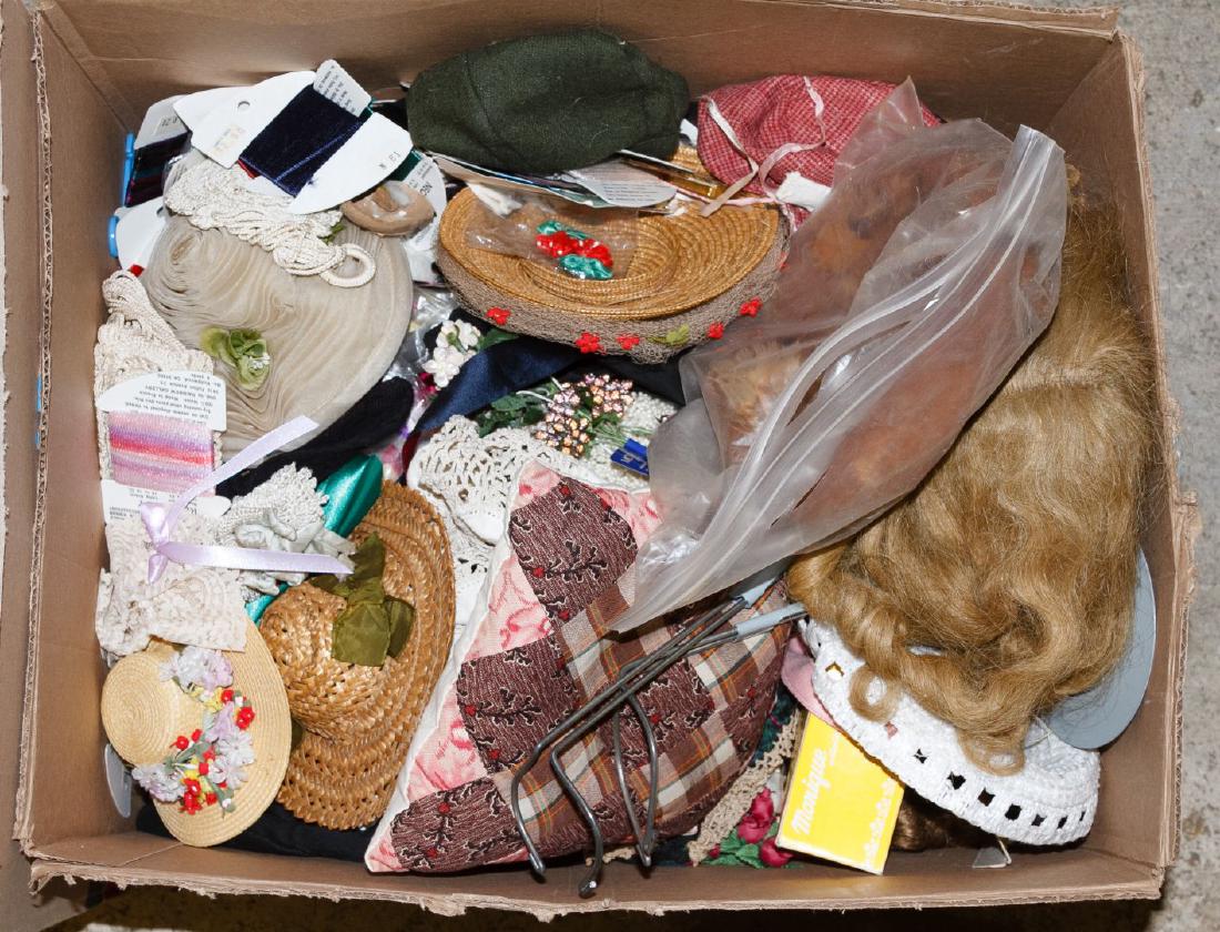 Doll Clothes, Hat, Wig, Shoe and Sock Assortment: Doll Clothes, Hat, Wig, Shoe and Sock Assortment Including three large boxes of doll wigs, hats, assorted shoes and boots, socks, doll stands, loose clothes, two boxed Effanbee doll outfits and doll b