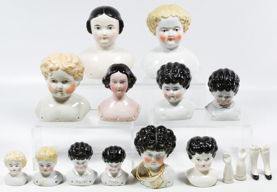 Doll Head, Arm, Leg and Body Part Assortment: Doll Head, Arm, Leg and Body Part Assortment Including bisque, china, parian, papier mache composition and plastic doll heads; china, bisque, composition and plastic doll legs, arms and hands; and com
