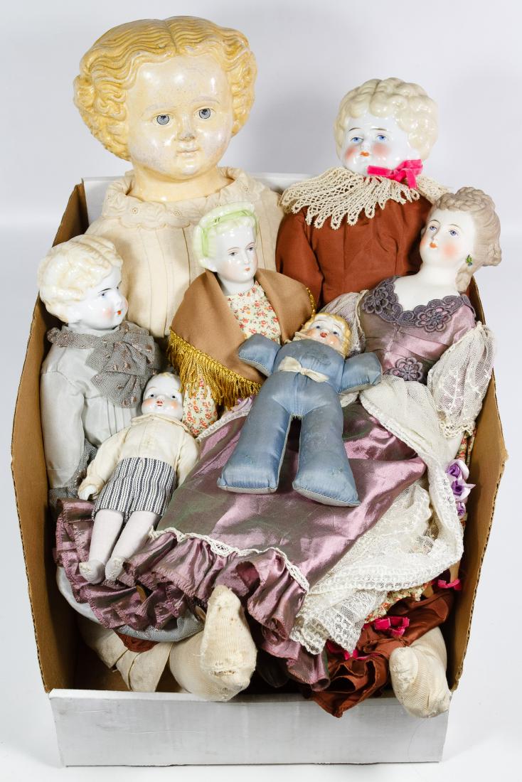 Emma Clear Parian, China Head and Greiner Style Doll: Emma Clear Parian, China Head and Greiner Style Doll Assortment (7) dolls including an Emma Clear Parian doll with molded hair, a large Greiner style composition shoulder head on cloth and leather bod