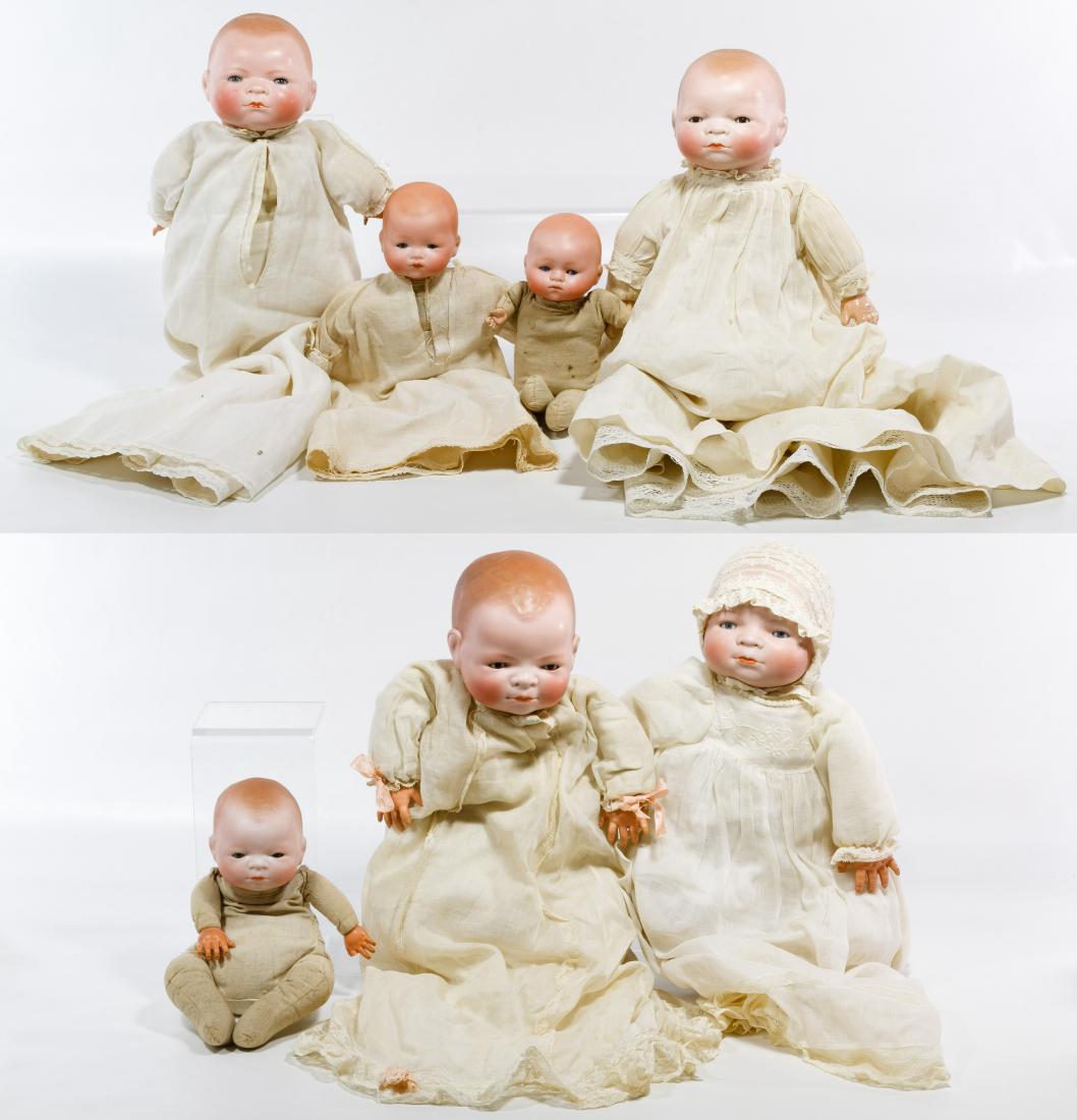 German Bisque Infant Doll Assortment: German Bisque Infant Doll Assortment Including (5) Grace Storey Putnam Bye-lo baby dolls with largest having a 14-inch head circumference and blue eyes, a 13.75' head with marked body and brown eyes, 