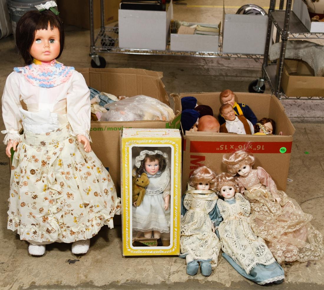 Vinyl Doll Assortment: Vinyl Doll Assortment Including examples from Effanbee, Uneeda, World Doll, Mattel and Ideal and characters such as Shirley Temple, Buffy and Mrs. Beasley, John Wayne, Marilyn Monroe, WC Fields, Criss