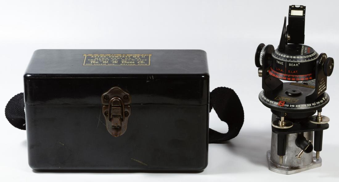 World War II MK II Astro Compass: World War II MK II Astro Compass Produced by W.W. Boes Co.; together with a Naval scope by Fairchild with case; together with extra cases, measuring devices and aviation glasses Length: 26.50 inches (