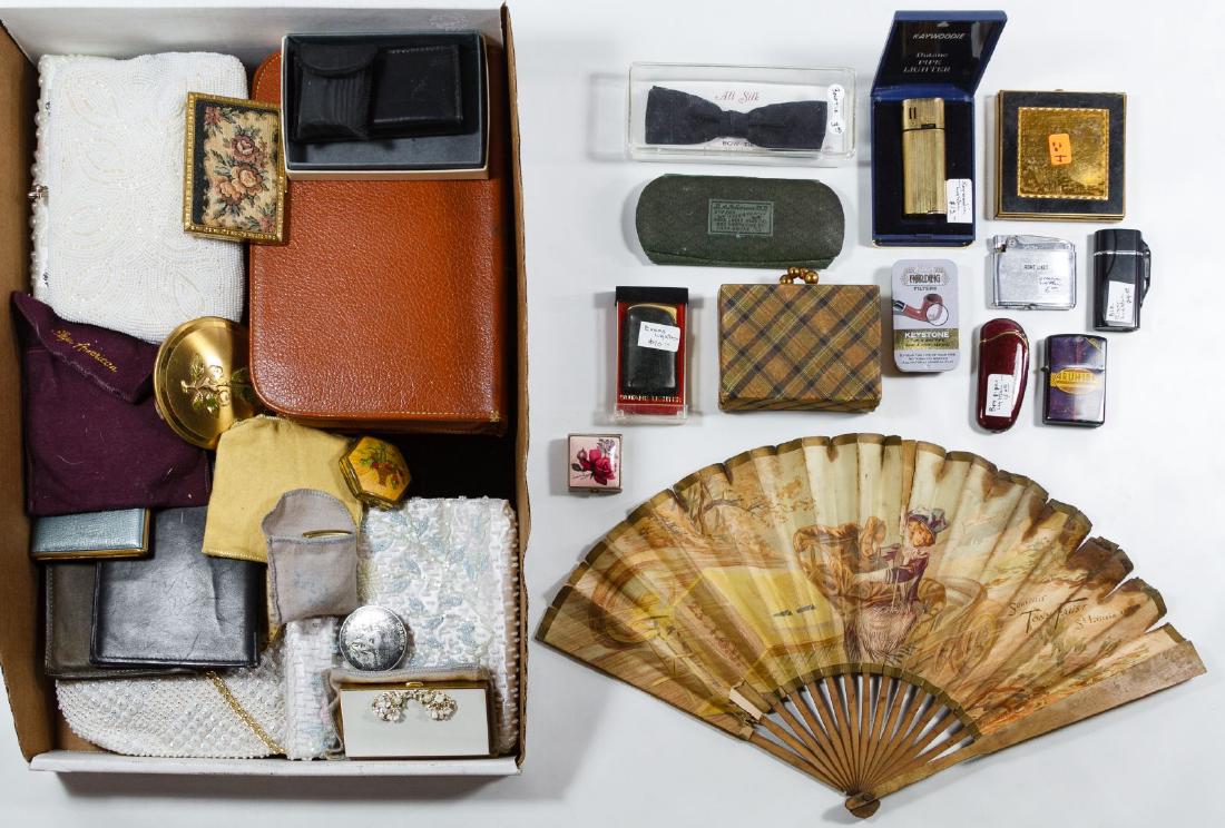 Purse, Compact and Lighter Assortment: Purse, Compact and Lighter Assortment Including (7) hand bags with examples from Mel-ton, Regale, Hong Kong and Japan; (11) compacts and pill boxes with examples from Mondaine, Rex and Elgin American;