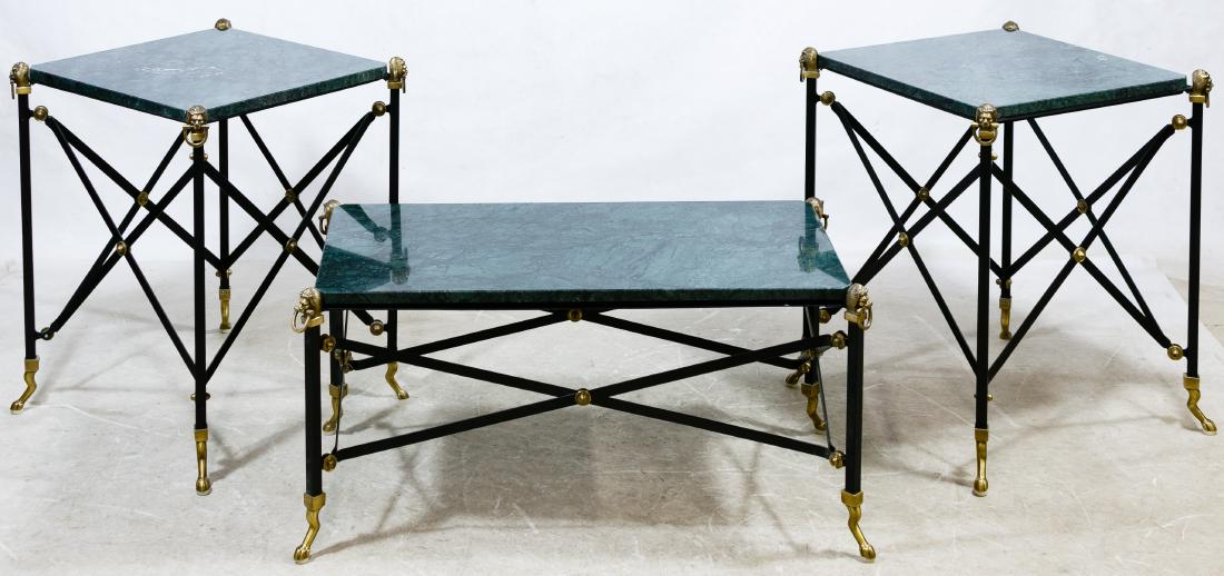 Empire Style Metal and Marble Table Assortment: Empire Style Metal and Marble Table Assortment Including a matching set of coffee table and two end tables having dark green marble tops and black metal bases with brass lion corners and feet Height: