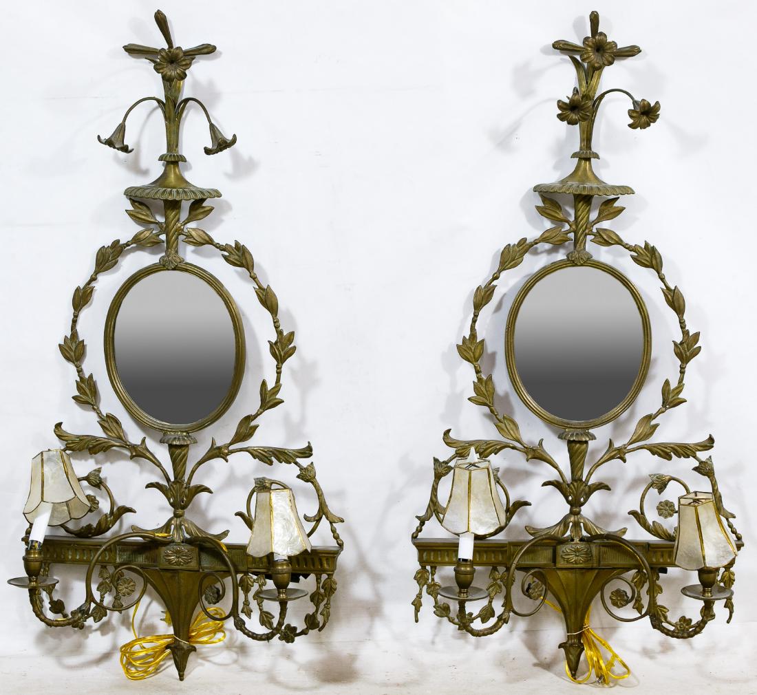 Brass Wall Sconces with Mirrors: Brass Wall Sconces with Mirrors 20th Century, both having floral motifs and two lights with shades; electrified Height: 43.50 inches, Width: 21.50 inches, Depth: 7.75 inches Category: Decorative Arts