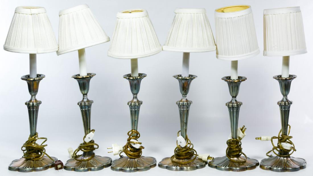 Table Lamp, Wall Sconce and Decorative Brass Assortment: Table Lamp, Wall Sconce and Decorative Brass Assortment Including (6) table lamps with silverplate bases accented with a 'C' within a shield cartouche, a pair of electric candle style wall sconces wit